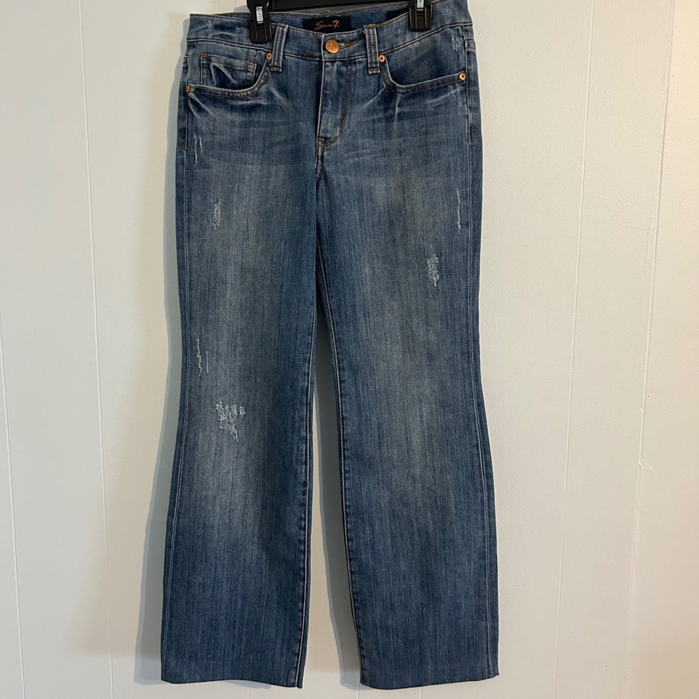Seven7 Women Medium Wash Distressed Bootcut Jeans Size 4 Mid Rise Stretch Denim‎